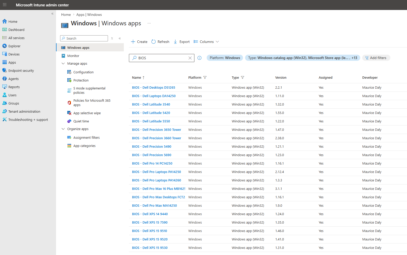 BIOS packages published as Win32 apps in the Microsoft Intune admin center