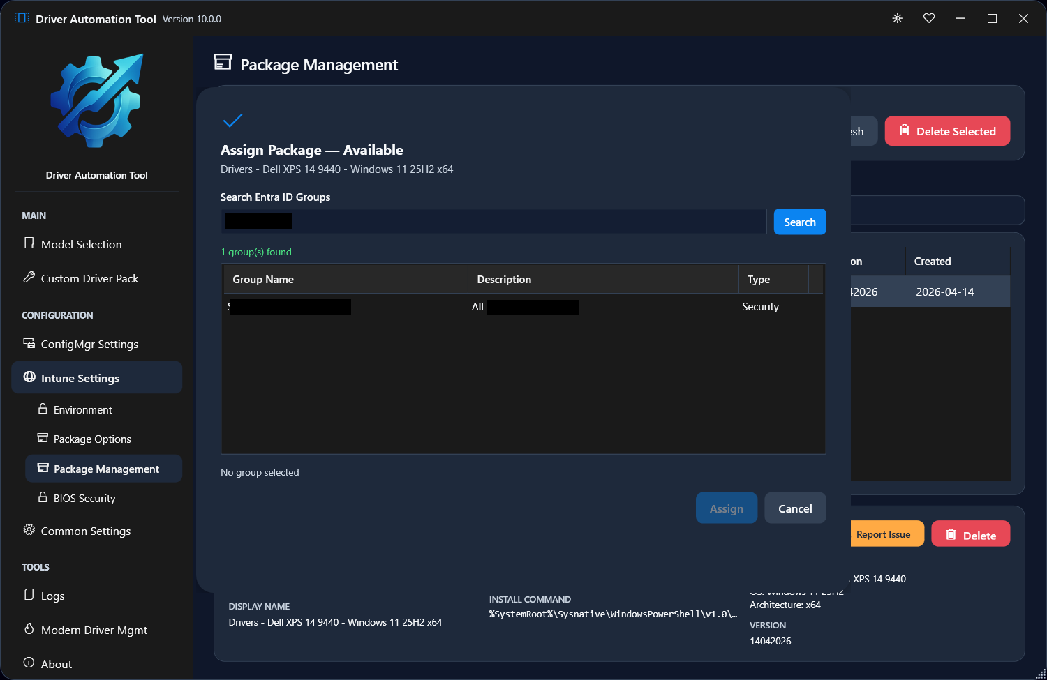 Assigning an HP Win32 driver package to an Entra ID group