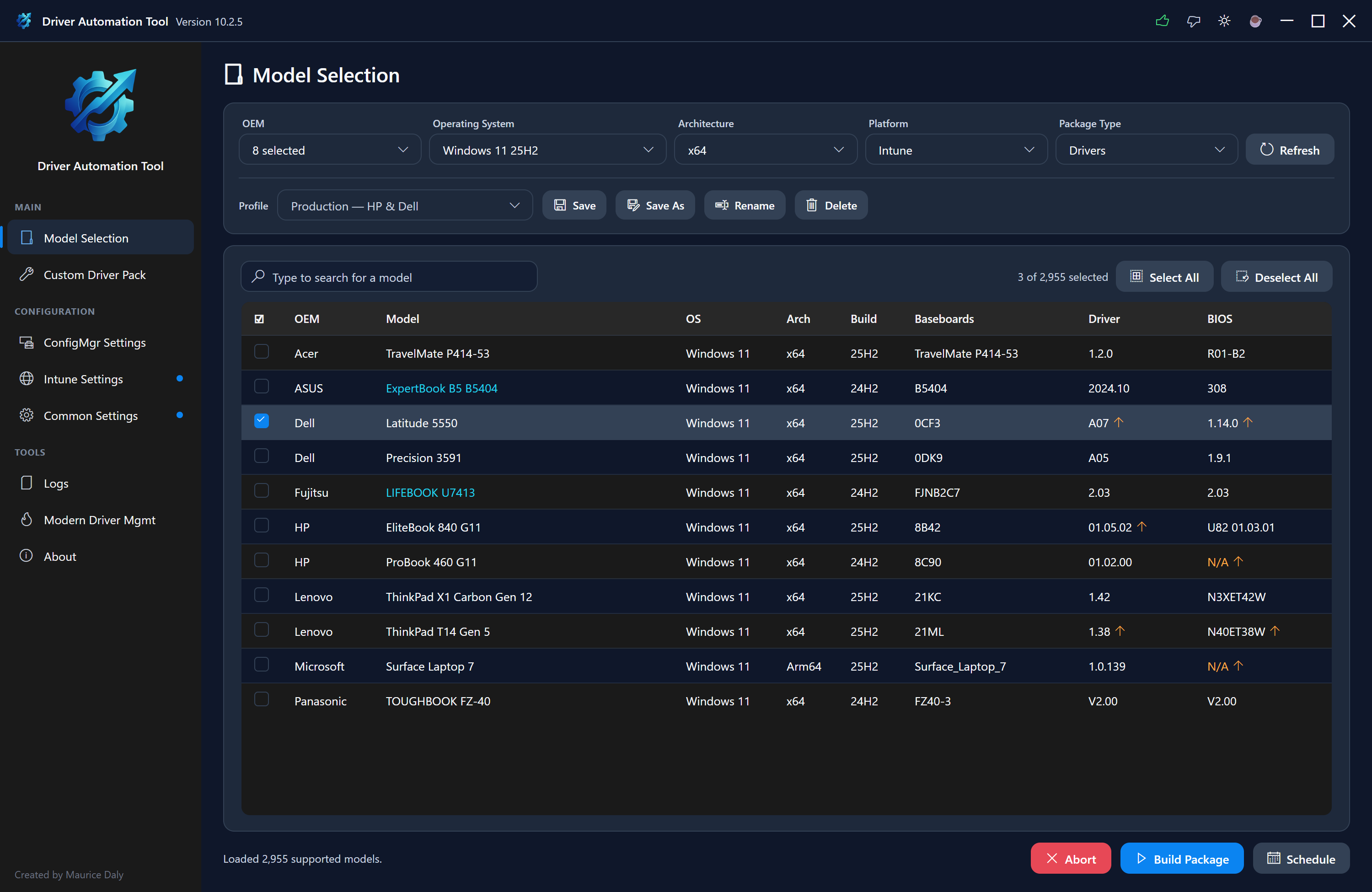 Driver Automation Tool packaging OEM driver and BIOS updates for Microsoft Configuration Manager and Intune